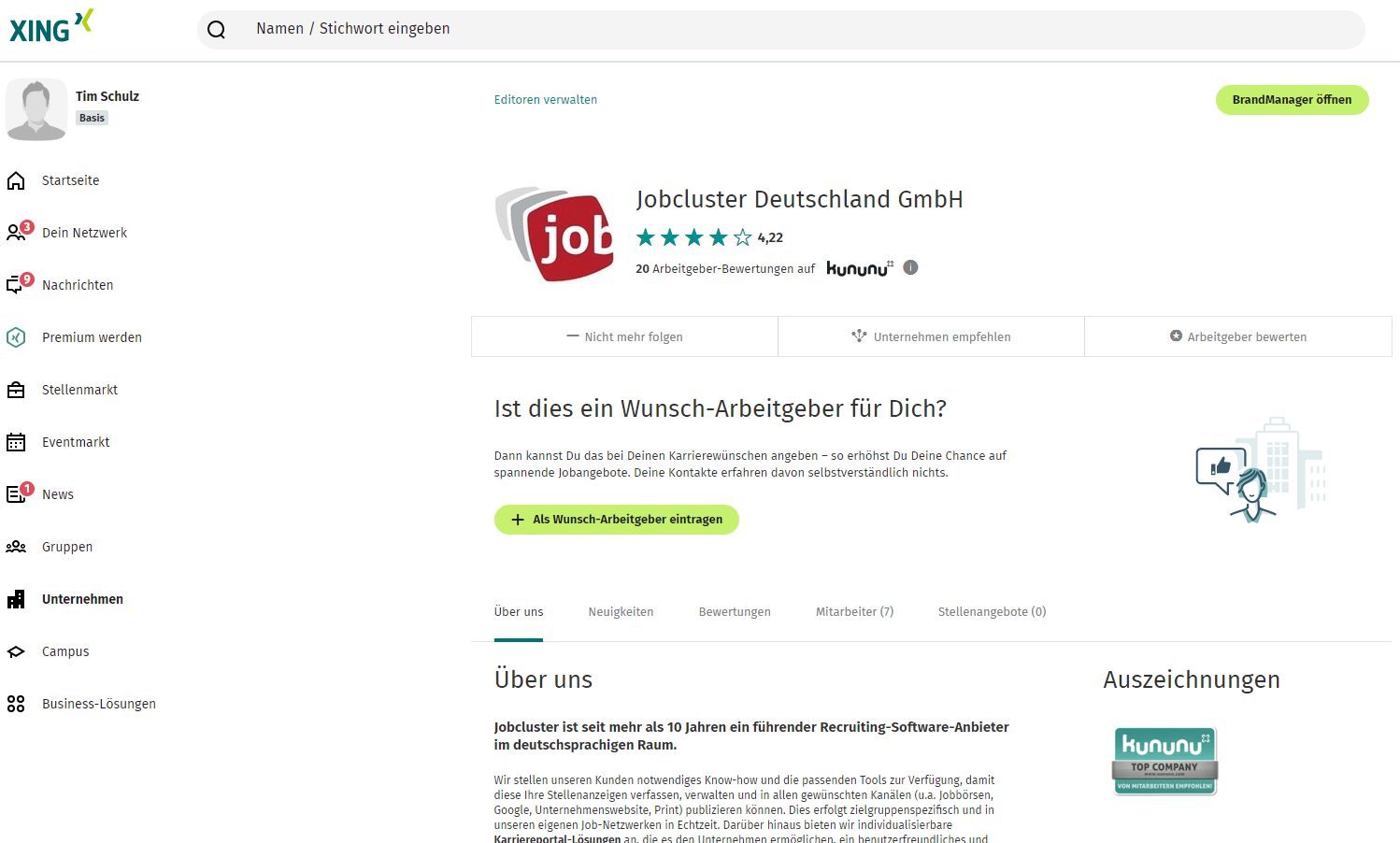 Legen Sie Ihr Unternehmensprofil für Xing Recruiting an.