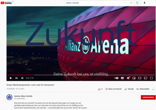 Allianz YouTube Employer Branding Video Quelle: Karriere Allianz Vertrieb 